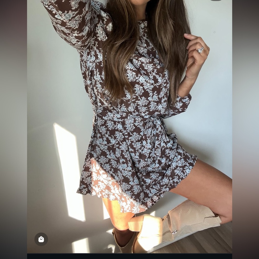 Brown Floral Long-Sleeve Mini Dress with Tie Waist